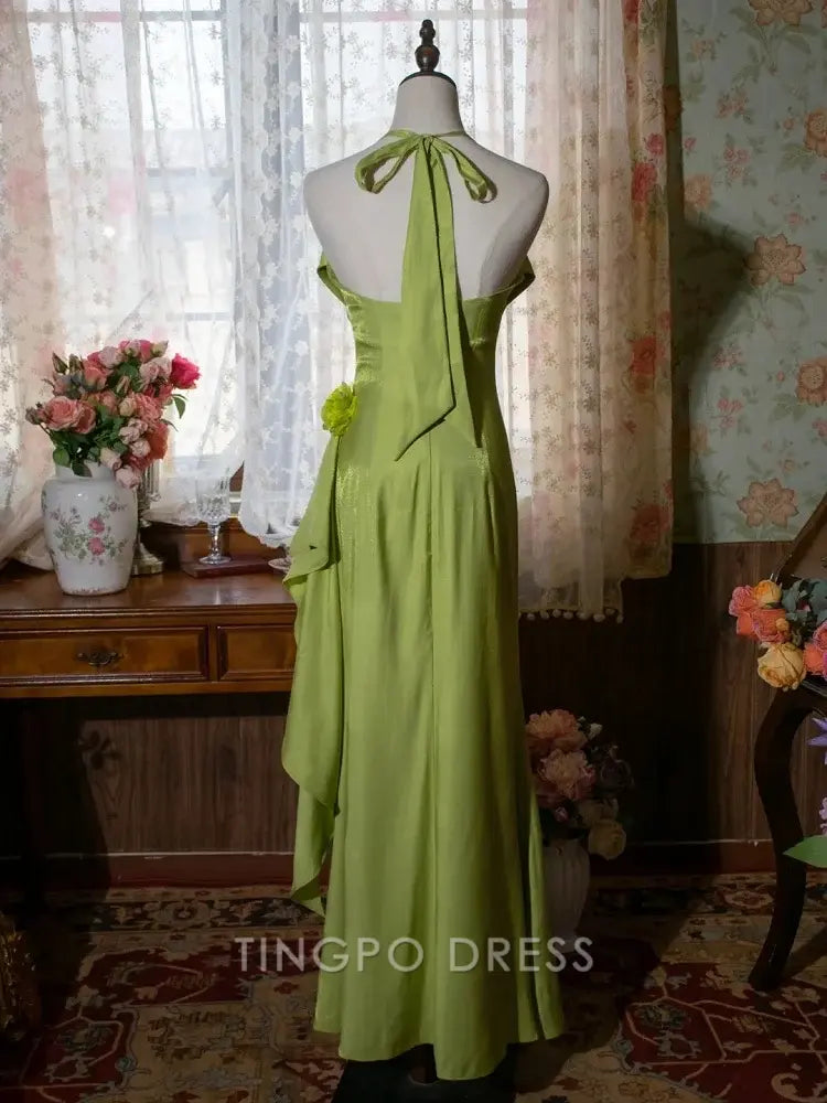 TingPo Wholesale Elegant Vintage Green Halter Neck Floral Prom Gown Fairy Dress